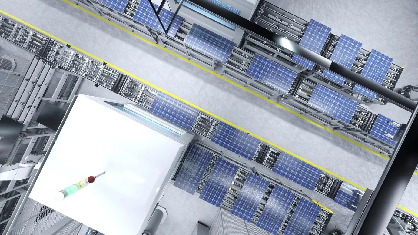 Vogelperspektive auf Photovoltaikanlagen in einem nachhaltigen Lagerhaus, dreidimensionale Illustration.