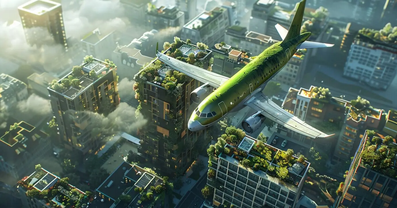 Grünes Flugzeug in umweltfreundlicher Umgebung